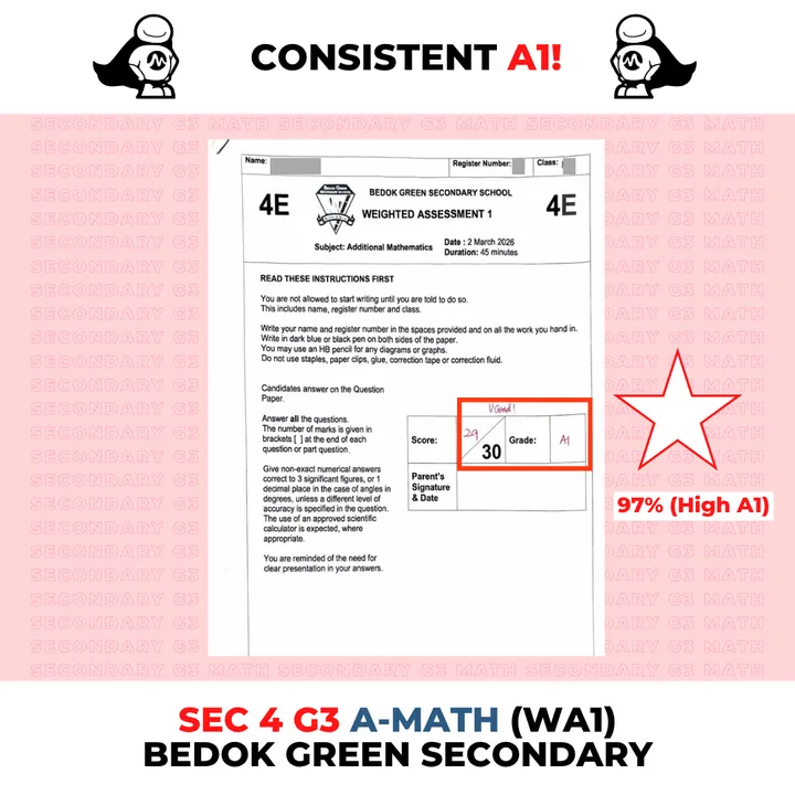 Sec 4 G3 A-Math, WA1 2026, Bedok Green Secondary: Consistent A1: 29/30 (97%)