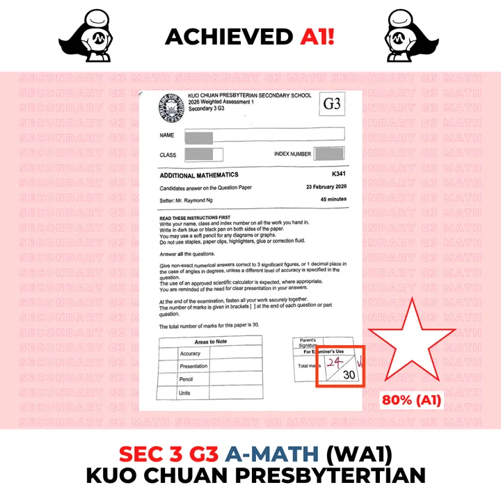 Sec 3 G3 A-Math, WA1 2026, Kuo Chuan Presbyterian: A1: 24/30 (80%)