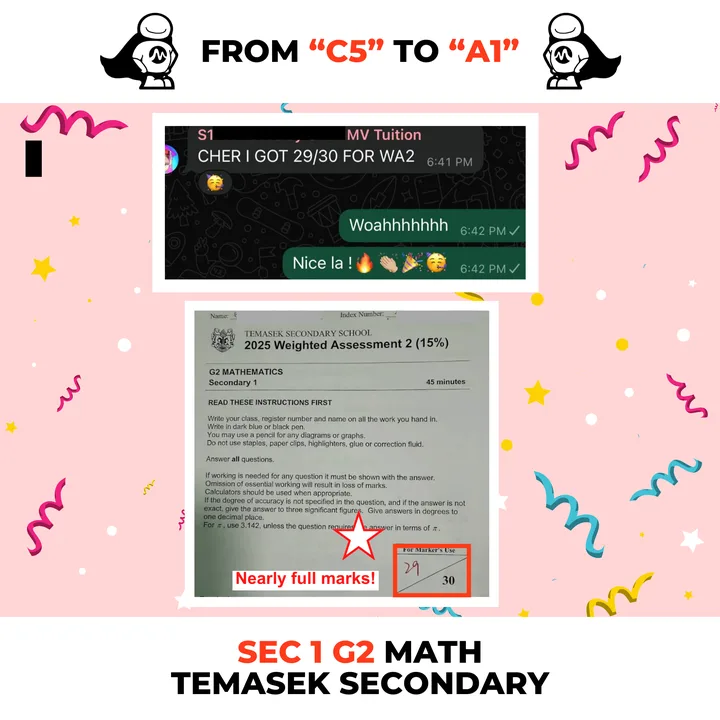 Sec 1 G2 Math, Temasek Secondary, 2025 WA2: 29 out of 30, from C5 to A1