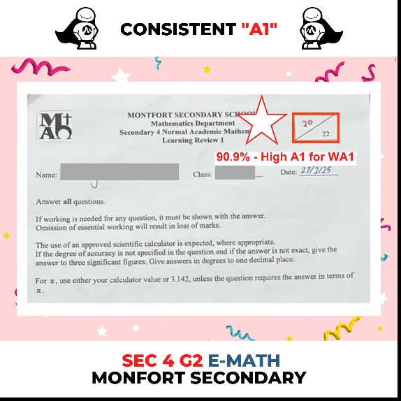 Sec 4 N(A) Math student at Montfort Secondary: 90.9% (A1) on Learning Review 1, 2025