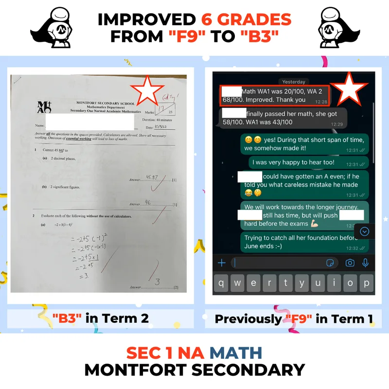 Sec 1 N(A) Math student at Montfort Secondary: from F9 in Term 1 to B3 in Term 2