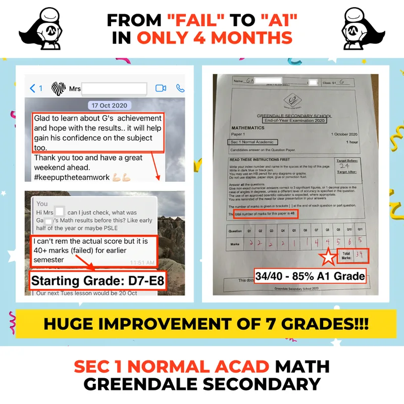 Sec 1 N(A) Math student at Greendale Secondary: from a D7 to E8 start to 34 out of 40 (85%, A1) in four months